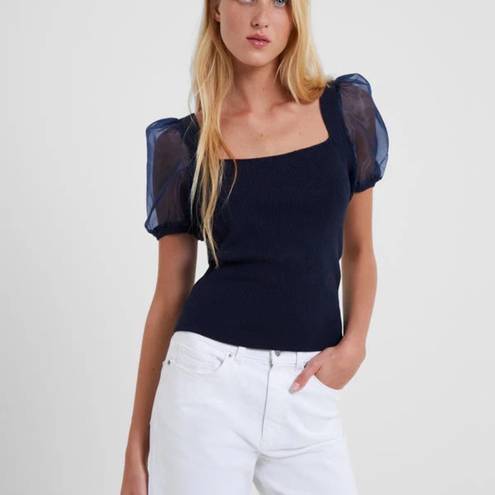 NEW French Connection Lex Krista Navy Blue Ribbed Puff Sleeve Top - Size S
